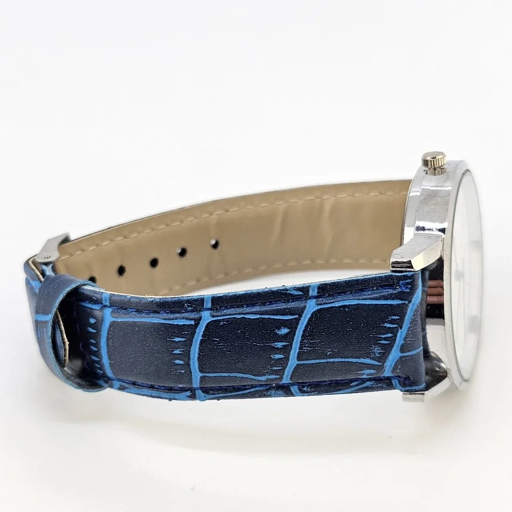 Men's Analog Easy Read Watch 40MM White Dial Blue Faux Leather Bands New Battery